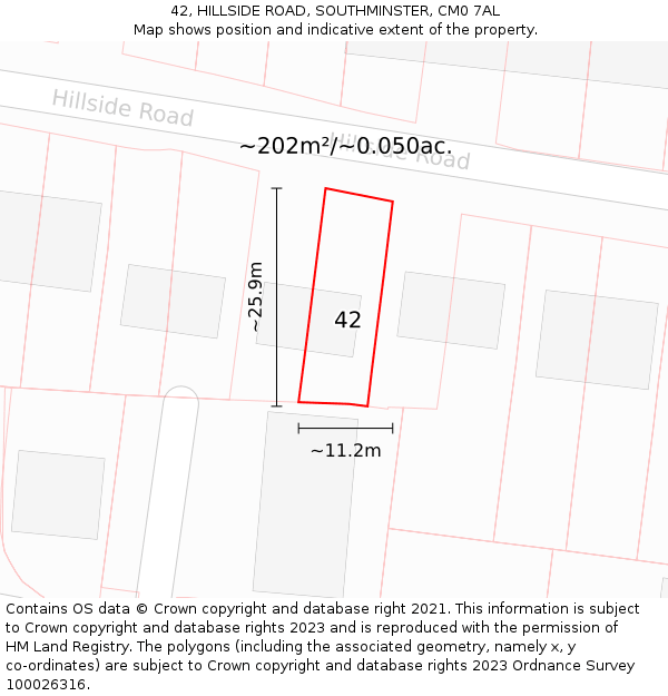 42, HILLSIDE ROAD, SOUTHMINSTER, CM0 7AL: Plot and title map