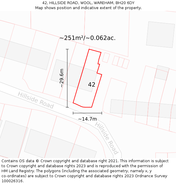 42, HILLSIDE ROAD, WOOL, WAREHAM, BH20 6DY: Plot and title map