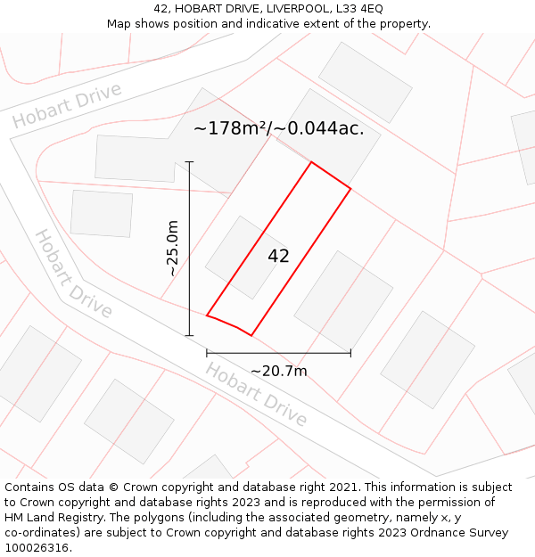 42, HOBART DRIVE, LIVERPOOL, L33 4EQ: Plot and title map