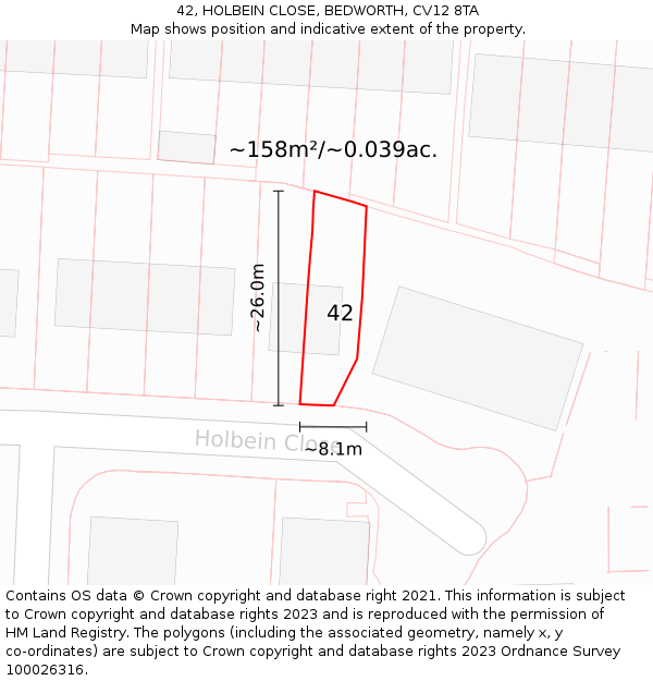 42, HOLBEIN CLOSE, BEDWORTH, CV12 8TA: Plot and title map