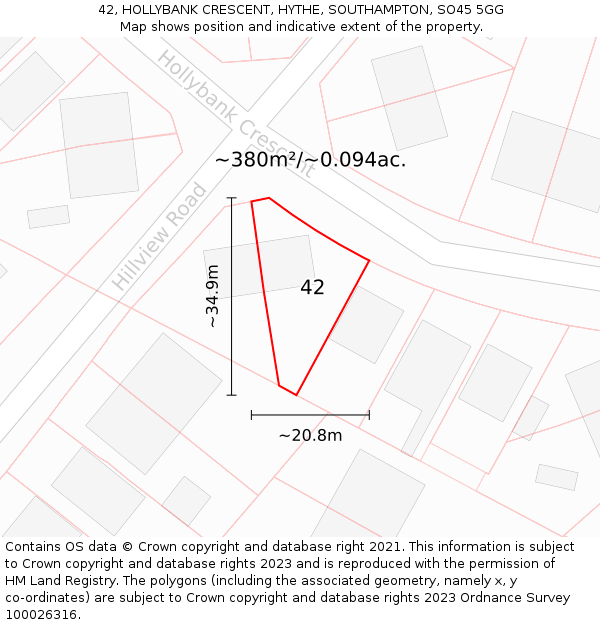 42, HOLLYBANK CRESCENT, HYTHE, SOUTHAMPTON, SO45 5GG: Plot and title map