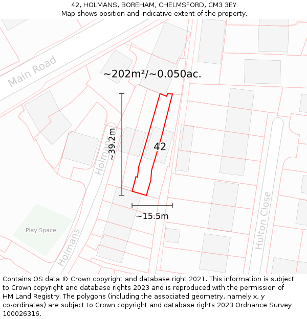 42, HOLMANS, BOREHAM, CHELMSFORD, CM3 3EY: Plot and title map