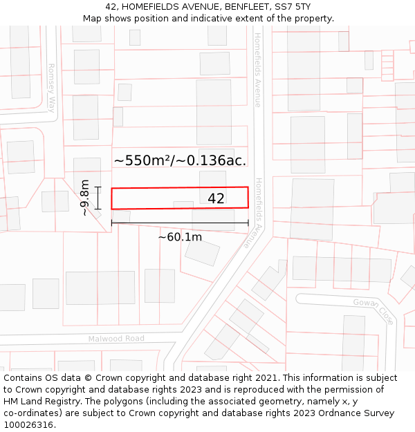 42, HOMEFIELDS AVENUE, BENFLEET, SS7 5TY: Plot and title map