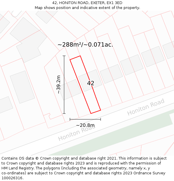 42, HONITON ROAD, EXETER, EX1 3ED: Plot and title map