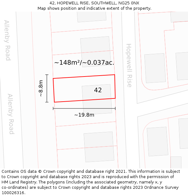 42, HOPEWELL RISE, SOUTHWELL, NG25 0NX: Plot and title map