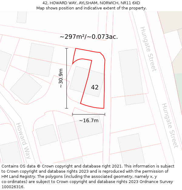 42, HOWARD WAY, AYLSHAM, NORWICH, NR11 6XD: Plot and title map