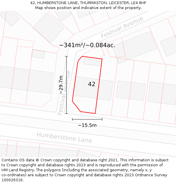 42, HUMBERSTONE LANE, THURMASTON, LEICESTER, LE4 8HF: Plot and title map