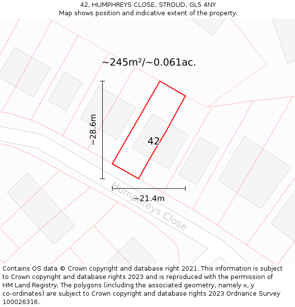 42, HUMPHREYS CLOSE, STROUD, GL5 4NY: Plot and title map