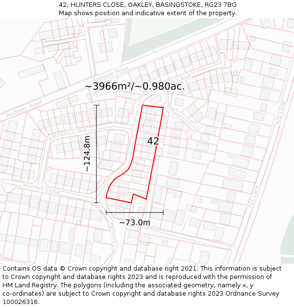 42, HUNTERS CLOSE, OAKLEY, BASINGSTOKE, RG23 7BG: Plot and title map