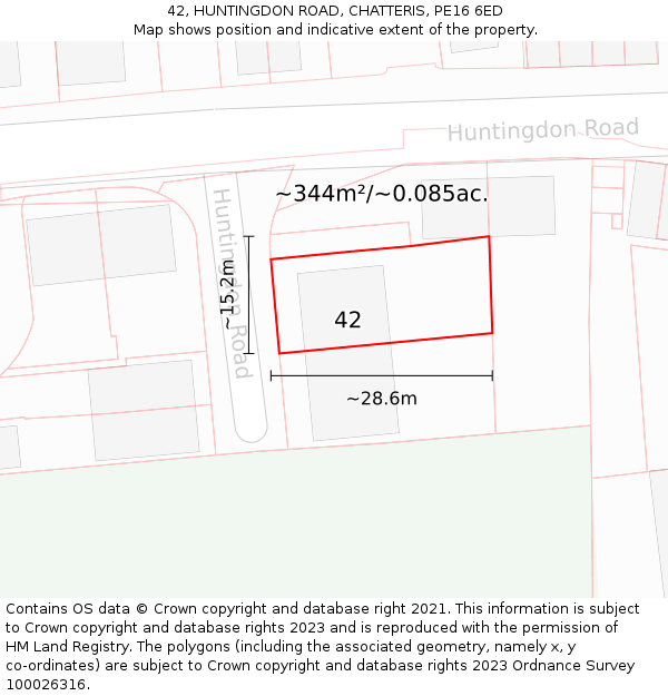 42, HUNTINGDON ROAD, CHATTERIS, PE16 6ED: Plot and title map