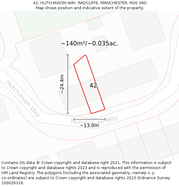42, HUTCHINSON WAY, RADCLIFFE, MANCHESTER, M26 3AD: Plot and title map