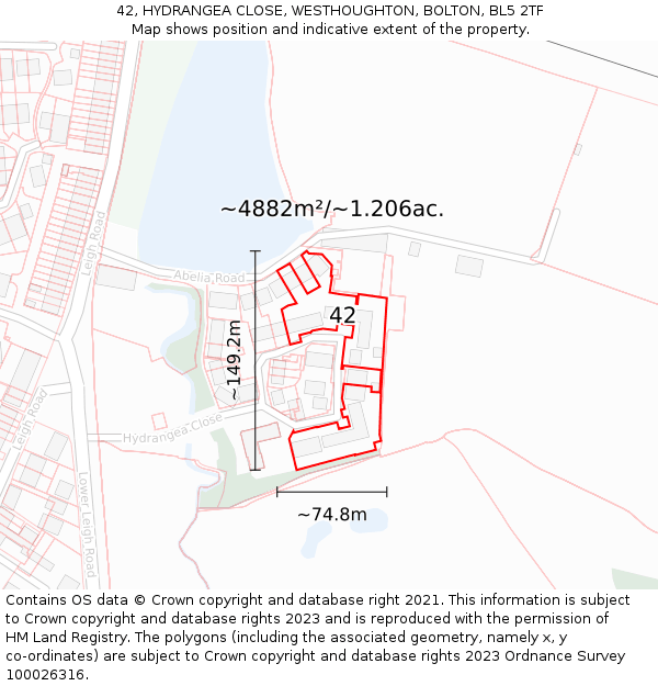 42, HYDRANGEA CLOSE, WESTHOUGHTON, BOLTON, BL5 2TF: Plot and title map