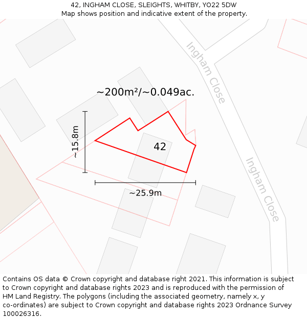 42, INGHAM CLOSE, SLEIGHTS, WHITBY, YO22 5DW: Plot and title map