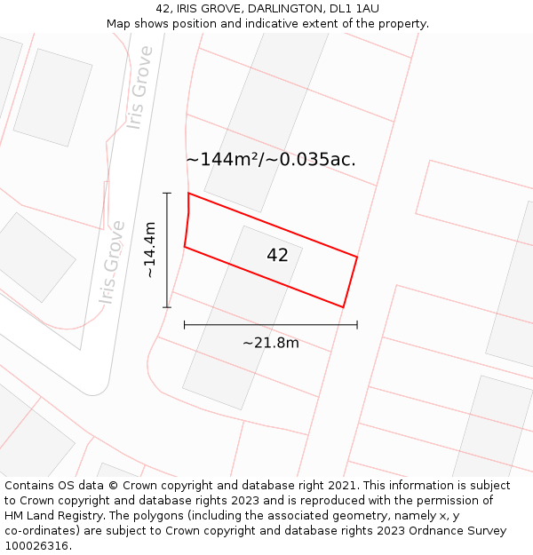 42, IRIS GROVE, DARLINGTON, DL1 1AU: Plot and title map