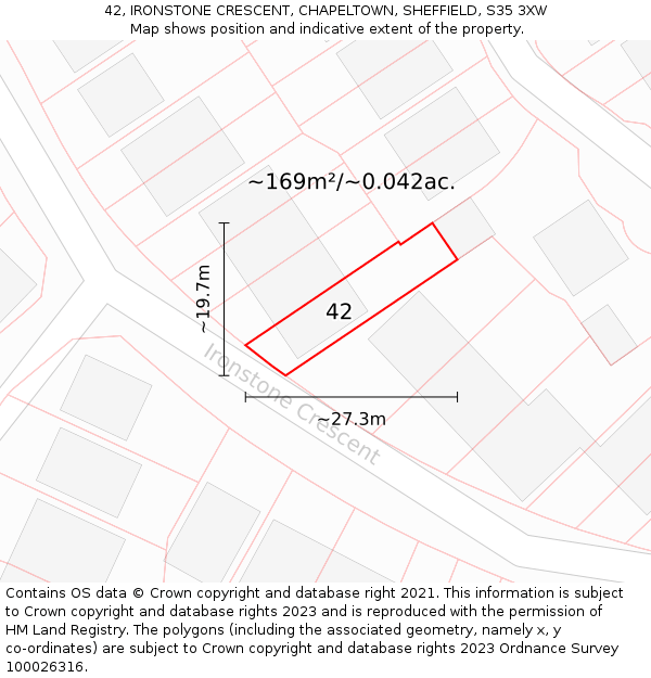 42, IRONSTONE CRESCENT, CHAPELTOWN, SHEFFIELD, S35 3XW: Plot and title map