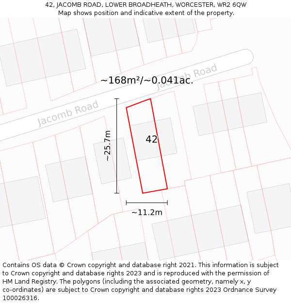 42, JACOMB ROAD, LOWER BROADHEATH, WORCESTER, WR2 6QW: Plot and title map