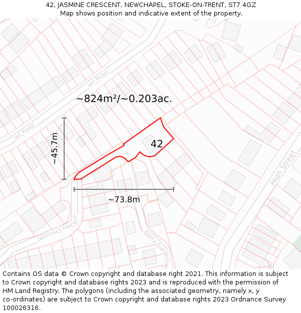 42, JASMINE CRESCENT, NEWCHAPEL, STOKE-ON-TRENT, ST7 4GZ: Plot and title map
