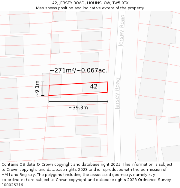 42, JERSEY ROAD, HOUNSLOW, TW5 0TX: Plot and title map