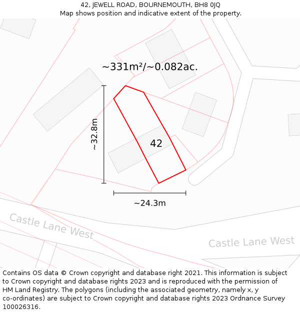 42, JEWELL ROAD, BOURNEMOUTH, BH8 0JQ: Plot and title map