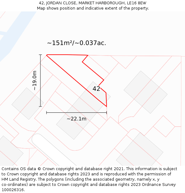 42, JORDAN CLOSE, MARKET HARBOROUGH, LE16 8EW: Plot and title map