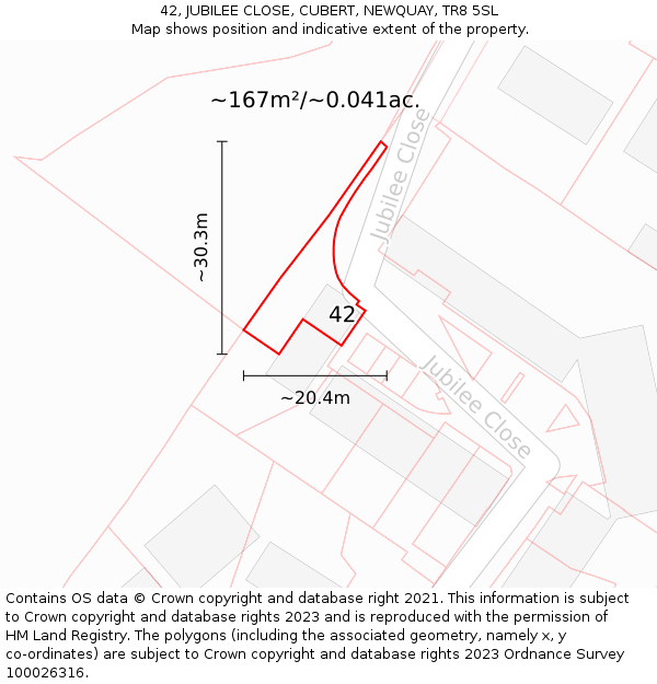 42, JUBILEE CLOSE, CUBERT, NEWQUAY, TR8 5SL: Plot and title map