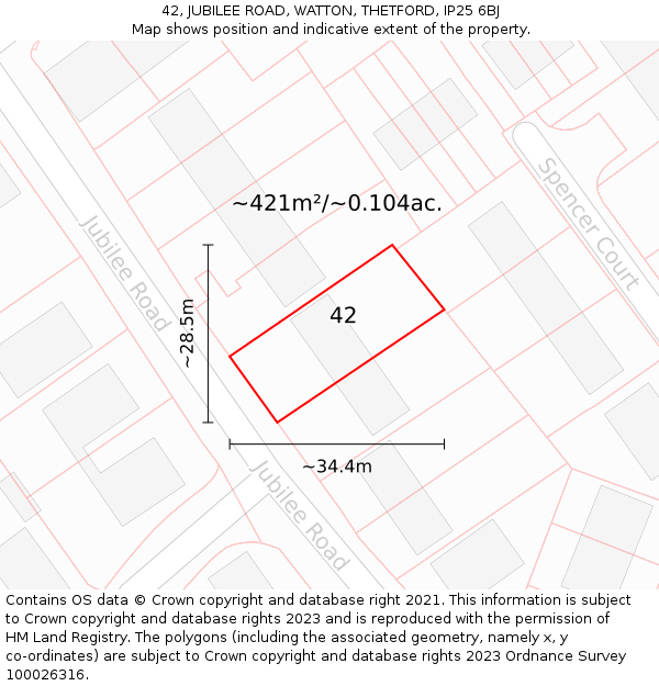 42, JUBILEE ROAD, WATTON, THETFORD, IP25 6BJ: Plot and title map