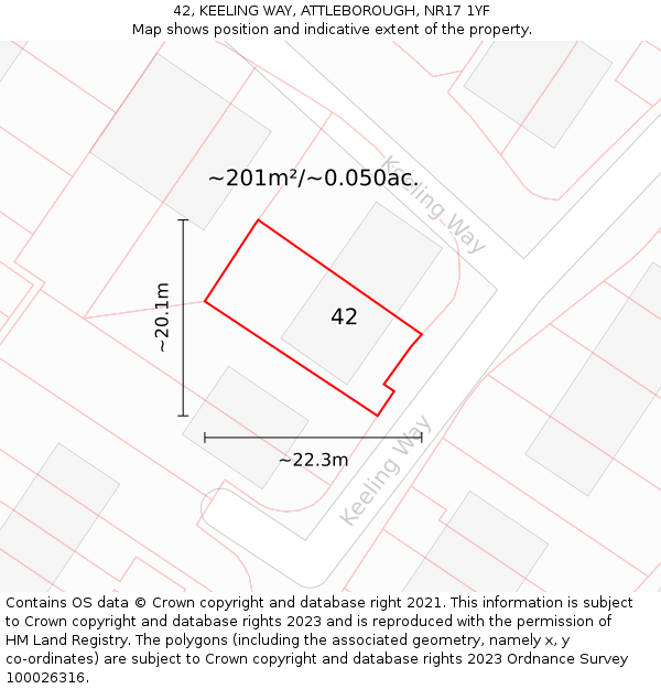 42, KEELING WAY, ATTLEBOROUGH, NR17 1YF: Plot and title map