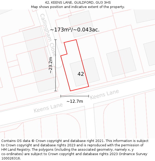 42, KEENS LANE, GUILDFORD, GU3 3HS: Plot and title map