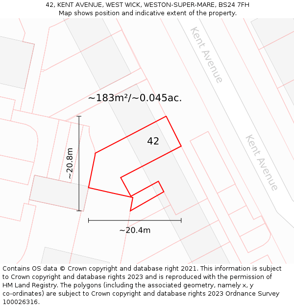 42, KENT AVENUE, WEST WICK, WESTON-SUPER-MARE, BS24 7FH: Plot and title map