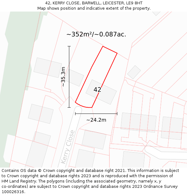 42, KERRY CLOSE, BARWELL, LEICESTER, LE9 8HT: Plot and title map