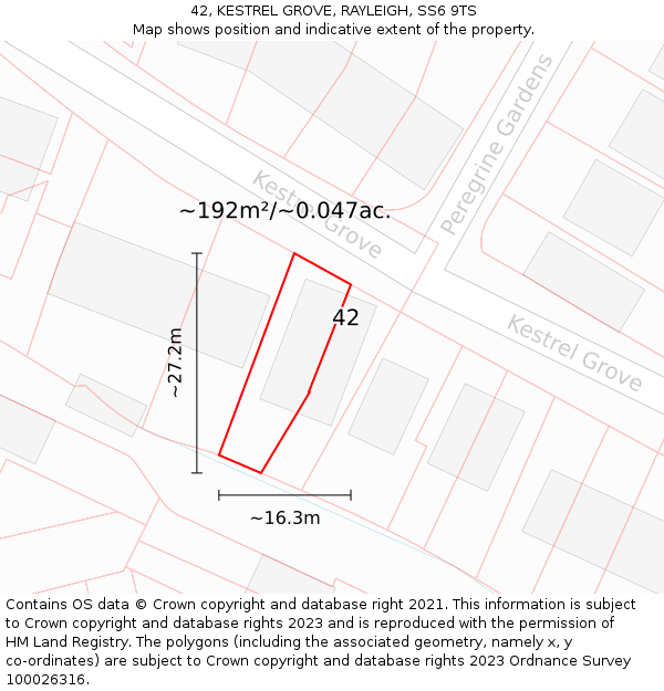 42, KESTREL GROVE, RAYLEIGH, SS6 9TS: Plot and title map