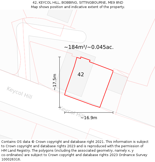 42, KEYCOL HILL, BOBBING, SITTINGBOURNE, ME9 8ND: Plot and title map