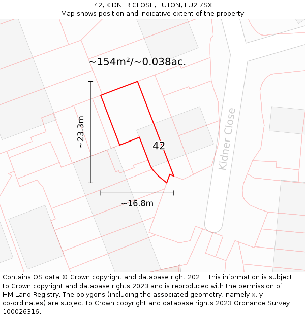 42, KIDNER CLOSE, LUTON, LU2 7SX: Plot and title map
