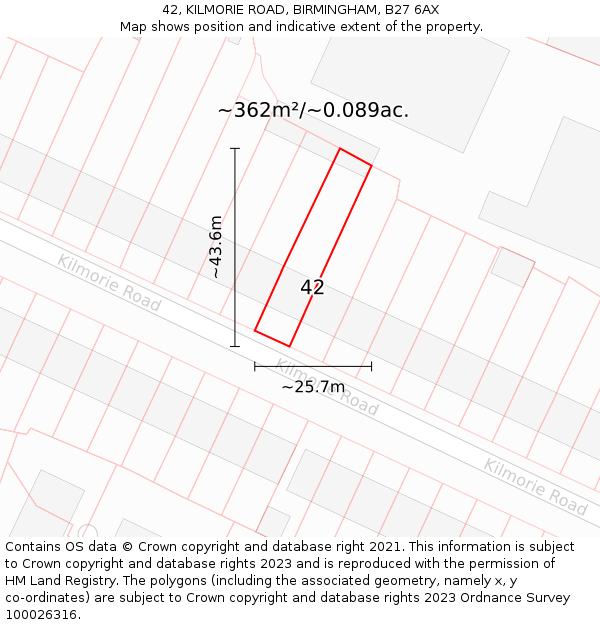 42, KILMORIE ROAD, BIRMINGHAM, B27 6AX: Plot and title map