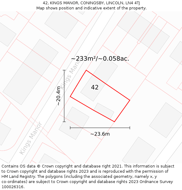 42, KINGS MANOR, CONINGSBY, LINCOLN, LN4 4TJ: Plot and title map