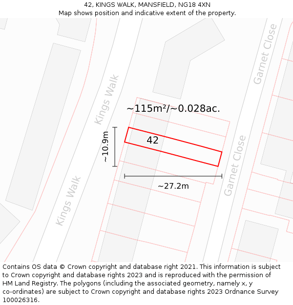 42, KINGS WALK, MANSFIELD, NG18 4XN: Plot and title map