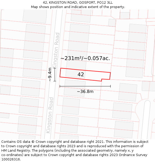 42, KINGSTON ROAD, GOSPORT, PO12 3LL: Plot and title map