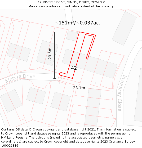 42, KINTYRE DRIVE, SINFIN, DERBY, DE24 3JZ: Plot and title map