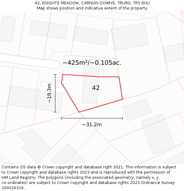42, KNIGHTS MEADOW, CARNON DOWNS, TRURO, TR3 6HU: Plot and title map