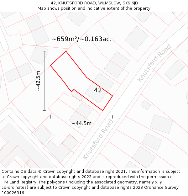 42, KNUTSFORD ROAD, WILMSLOW, SK9 6JB: Plot and title map