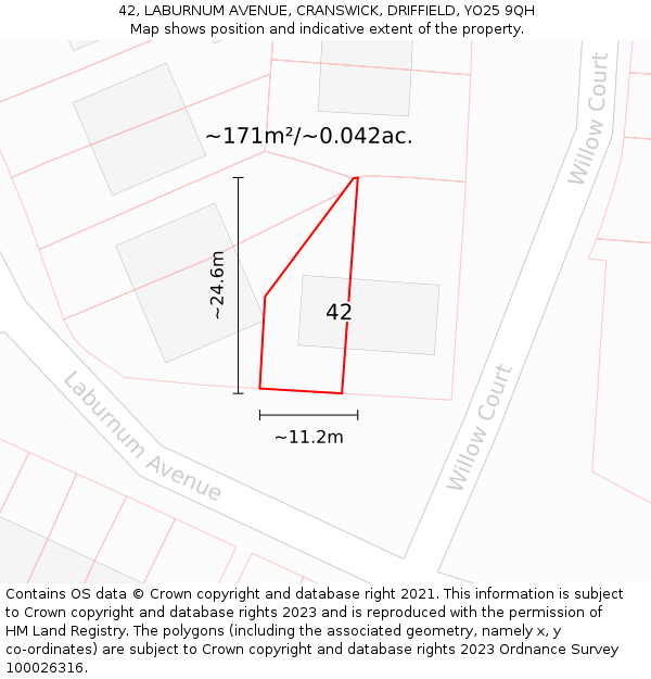 42, LABURNUM AVENUE, CRANSWICK, DRIFFIELD, YO25 9QH: Plot and title map