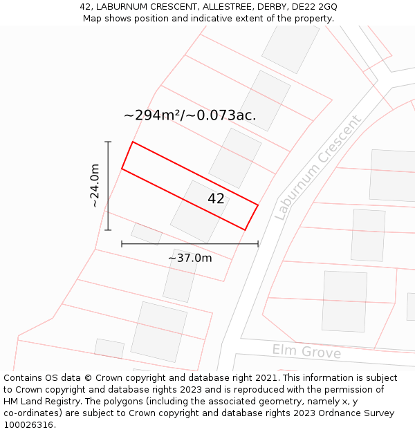 42, LABURNUM CRESCENT, ALLESTREE, DERBY, DE22 2GQ: Plot and title map