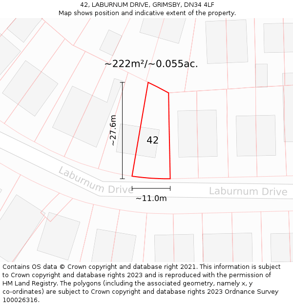 42, LABURNUM DRIVE, GRIMSBY, DN34 4LF: Plot and title map