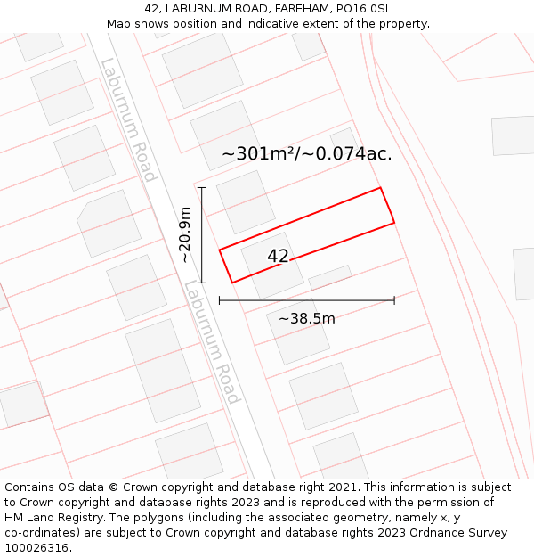 42, LABURNUM ROAD, FAREHAM, PO16 0SL: Plot and title map