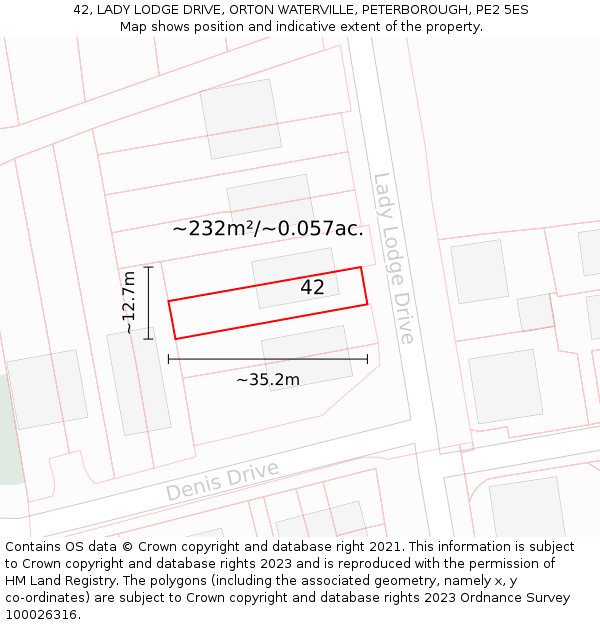 42, LADY LODGE DRIVE, ORTON WATERVILLE, PETERBOROUGH, PE2 5ES: Plot and title map