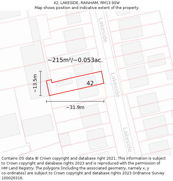 42, LAKESIDE, RAINHAM, RM13 9SW: Plot and title map