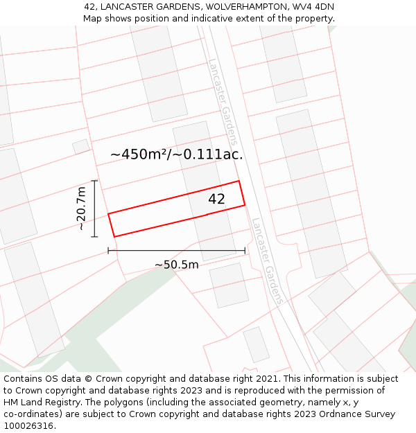 42, LANCASTER GARDENS, WOLVERHAMPTON, WV4 4DN: Plot and title map
