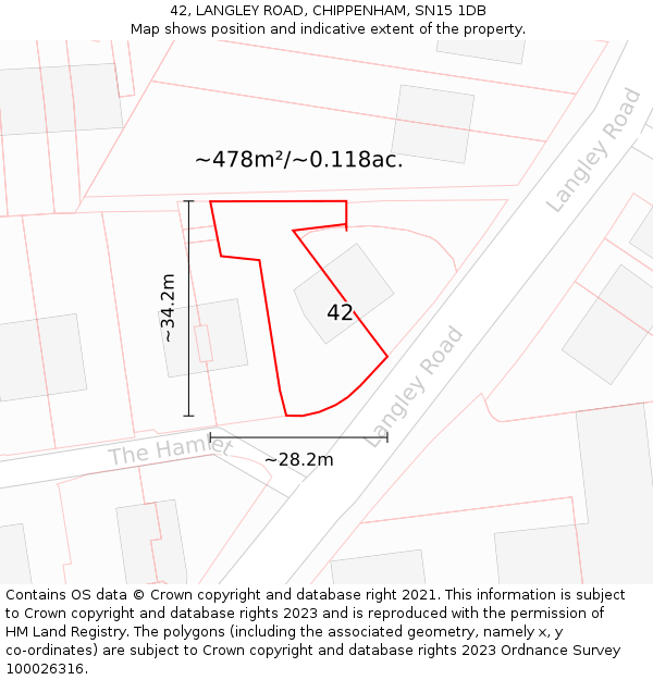 42, LANGLEY ROAD, CHIPPENHAM, SN15 1DB: Plot and title map
