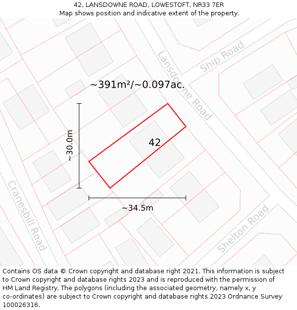 42, LANSDOWNE ROAD, LOWESTOFT, NR33 7ER: Plot and title map
