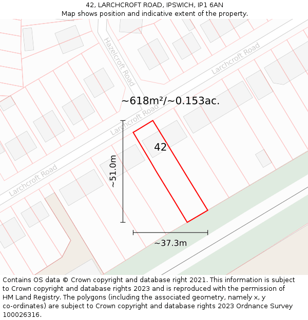 42, LARCHCROFT ROAD, IPSWICH, IP1 6AN: Plot and title map